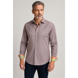 Robert Graham Men's Striped Button-Down Shirt XL Cuff Paisley Trim Classic Fit